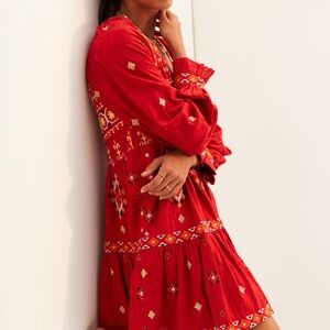 Anthropologie Red Embroidered tunic dress